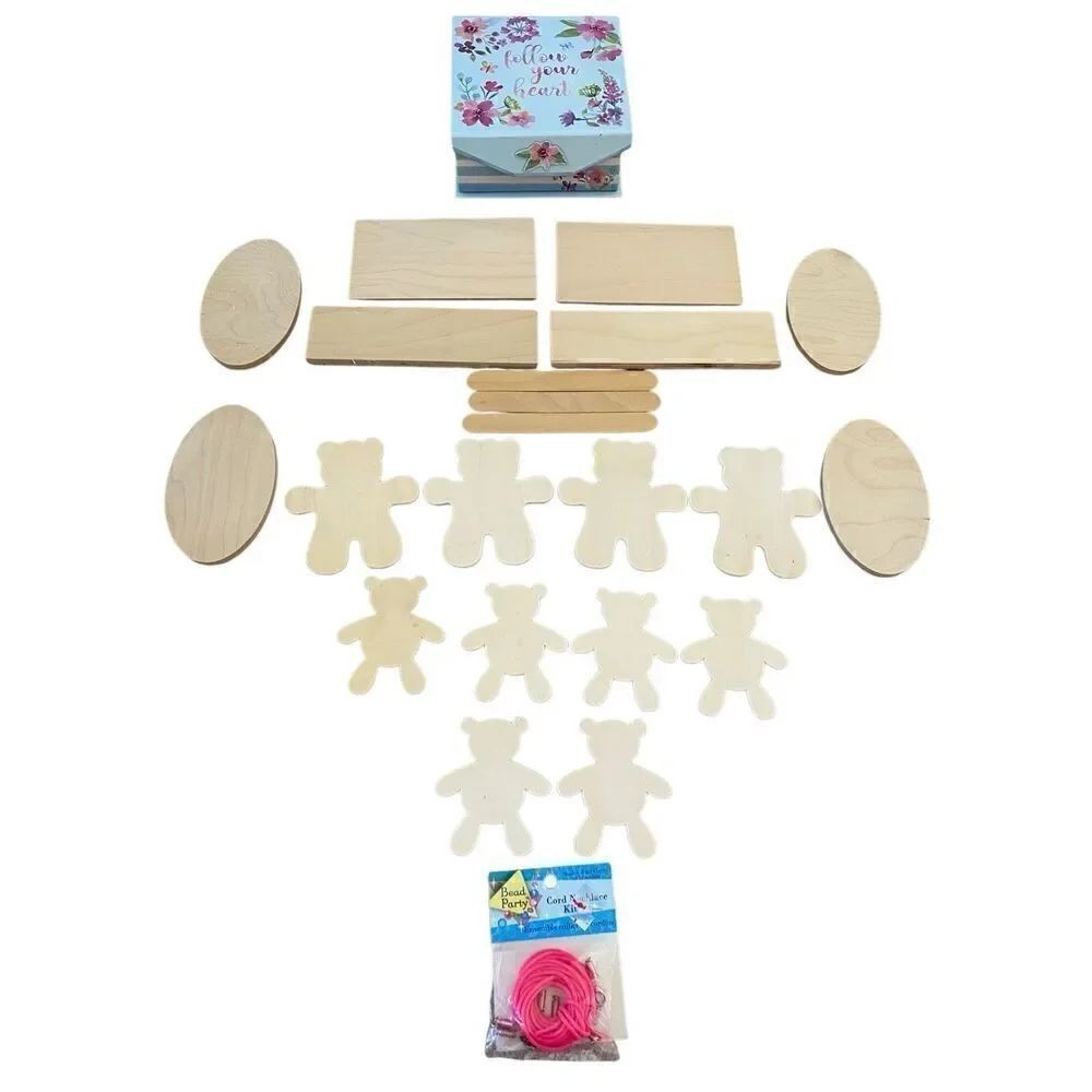 Lot Of 23 Craft Supplies Gift Box Teddy Bear Wooden Plaques Cord Necklace Kit